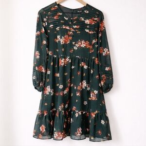 🌿 Madewell Floral Tiered Chiffon Dress – Green – Size 8